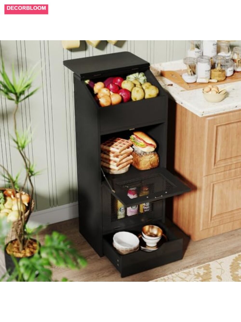 4-Tier Potato Onion Storage Bin Bread Box Wood Grain Metal Mesh Doors